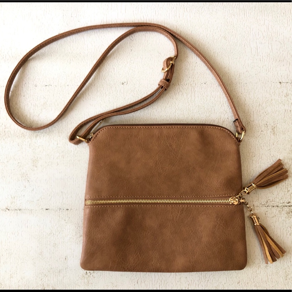 Small Tan Crossbody Bag/Purse with Tassels